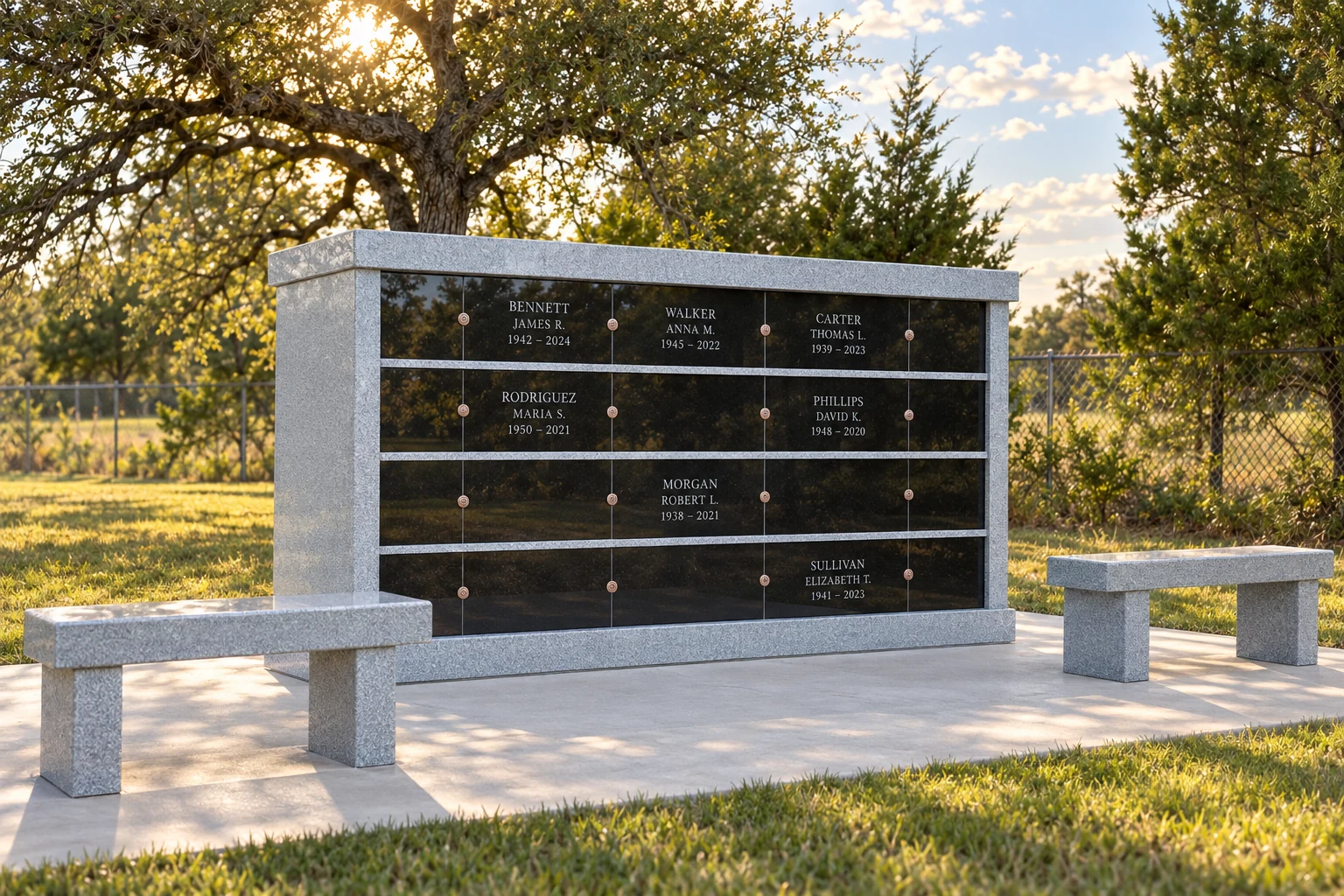 Artist’s interpretation of the actual columbarium with example inscriptions and two matching granite benches beneath the oaks.