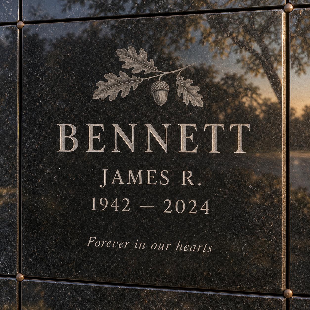Artist’s rendering of a black granite niche cover with an illustrative inscription and an oak-and-acorn engraving.